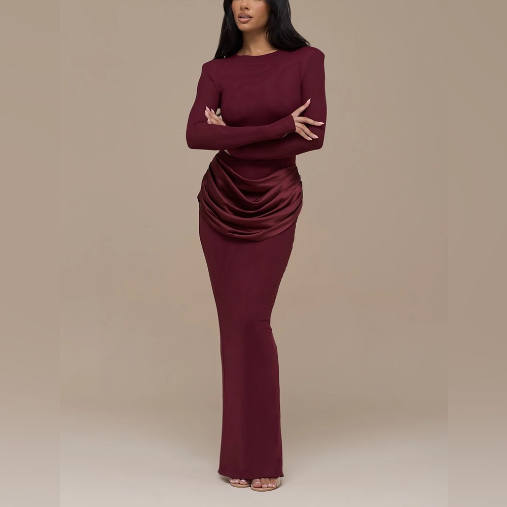 ASOS - Wanderdoll burgundy long sleeve Eman dress mesh maxi dress draped waist - Picture 8 of 14